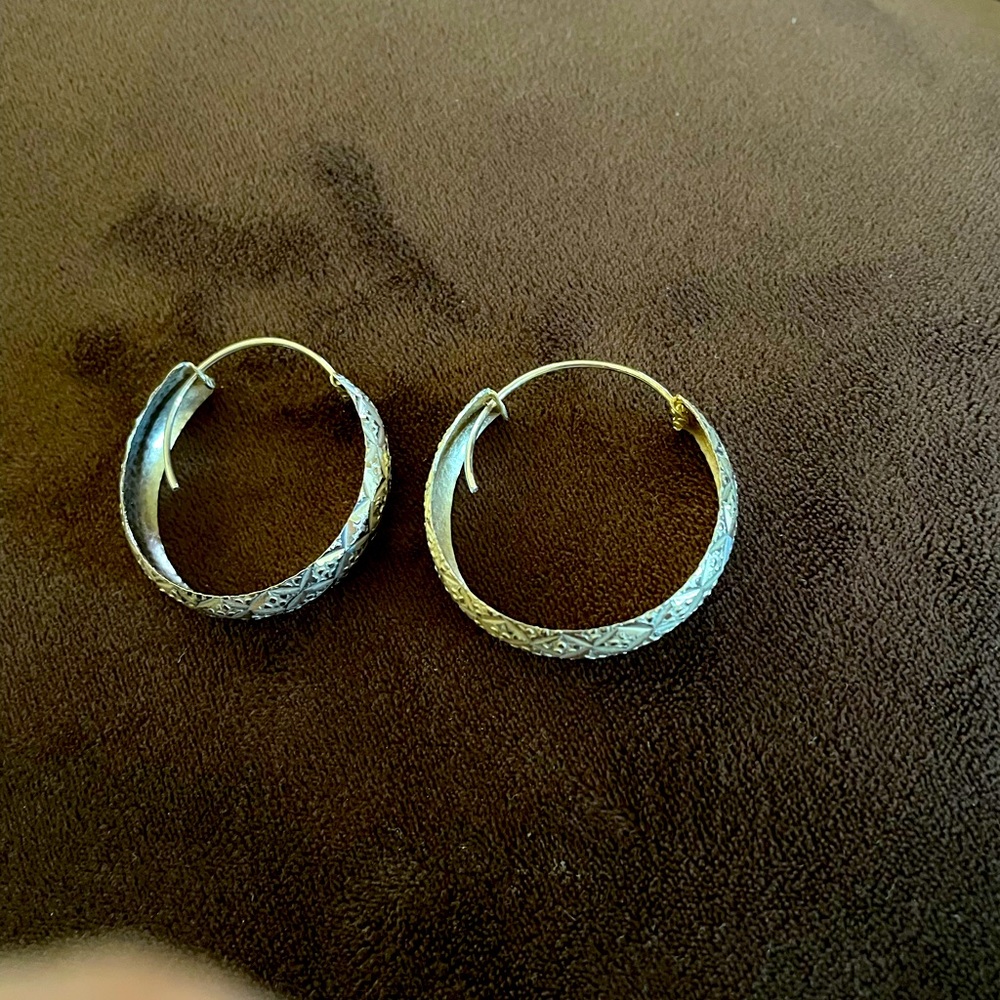 Sterling Silver Hoop Earrings checkered filigree design 3 inches around